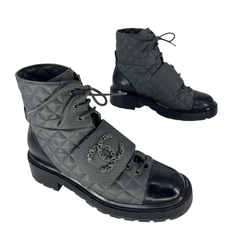 Chanel 2022 CC Chain Quilted Cap Toe Logo Combat Boots in Gray & Black Size 39.5